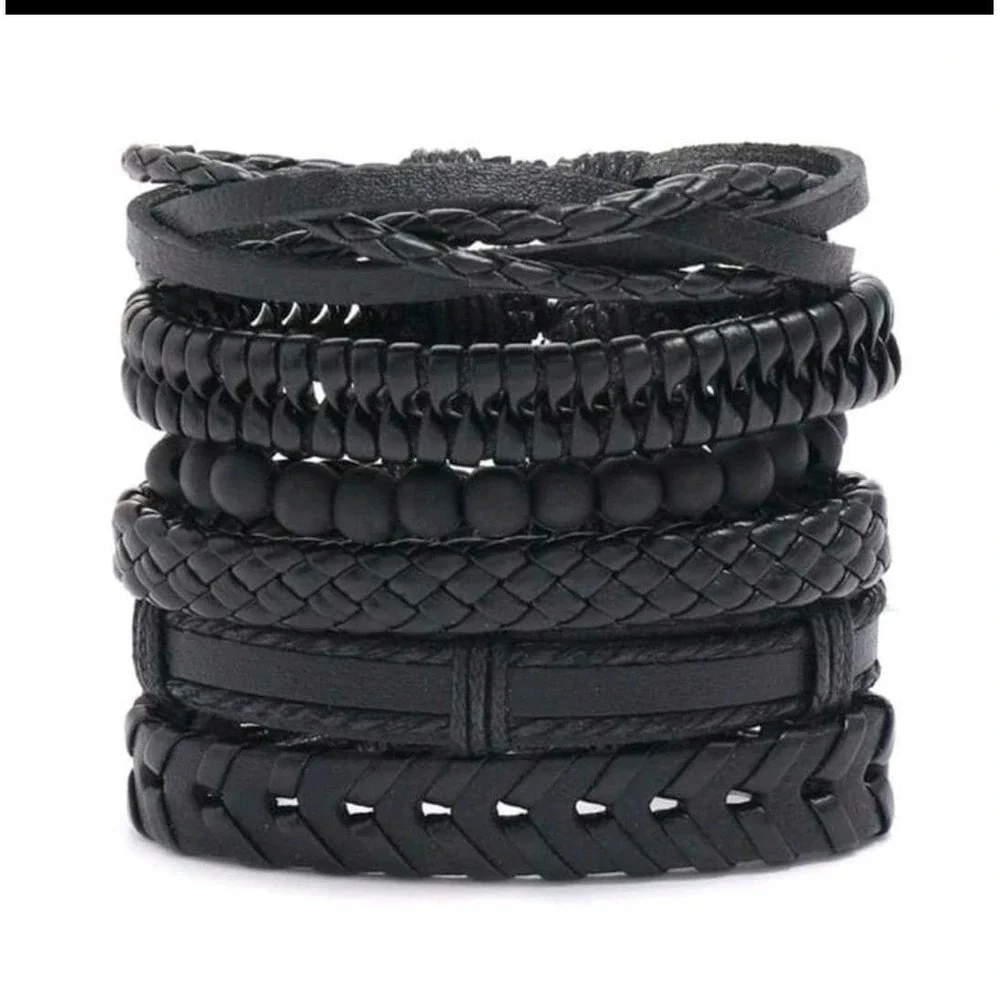 Mens faux Leather Bracelet Set Braided Beaded Cuff Wrap Style Black